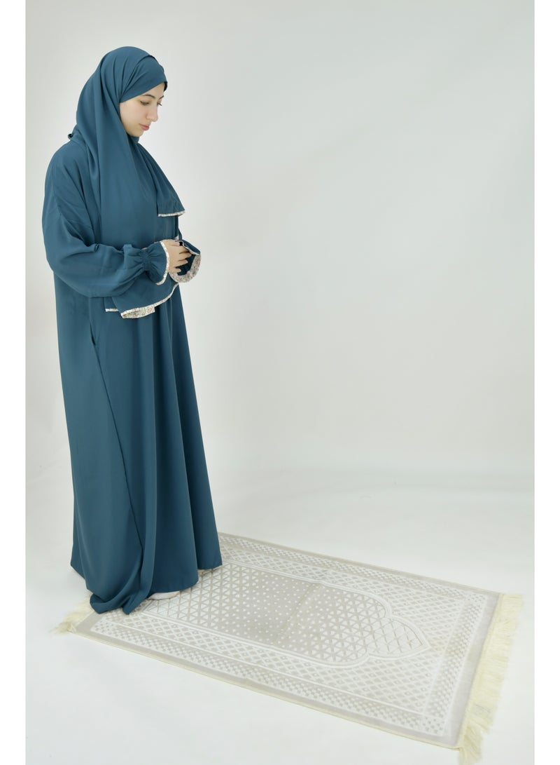  داماس كولكشن باس صلاة نسائي قطعة واحدة من قماش كريب فوكا فاخر مع وشاح متصل وجيب – ملابس صلاة شرعية مريحة - Image 3